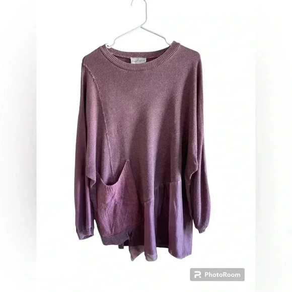 Anthropologie Belle France Mauve Oversized asymmetrical chiffon knit pocket top - Picture 1 of 9